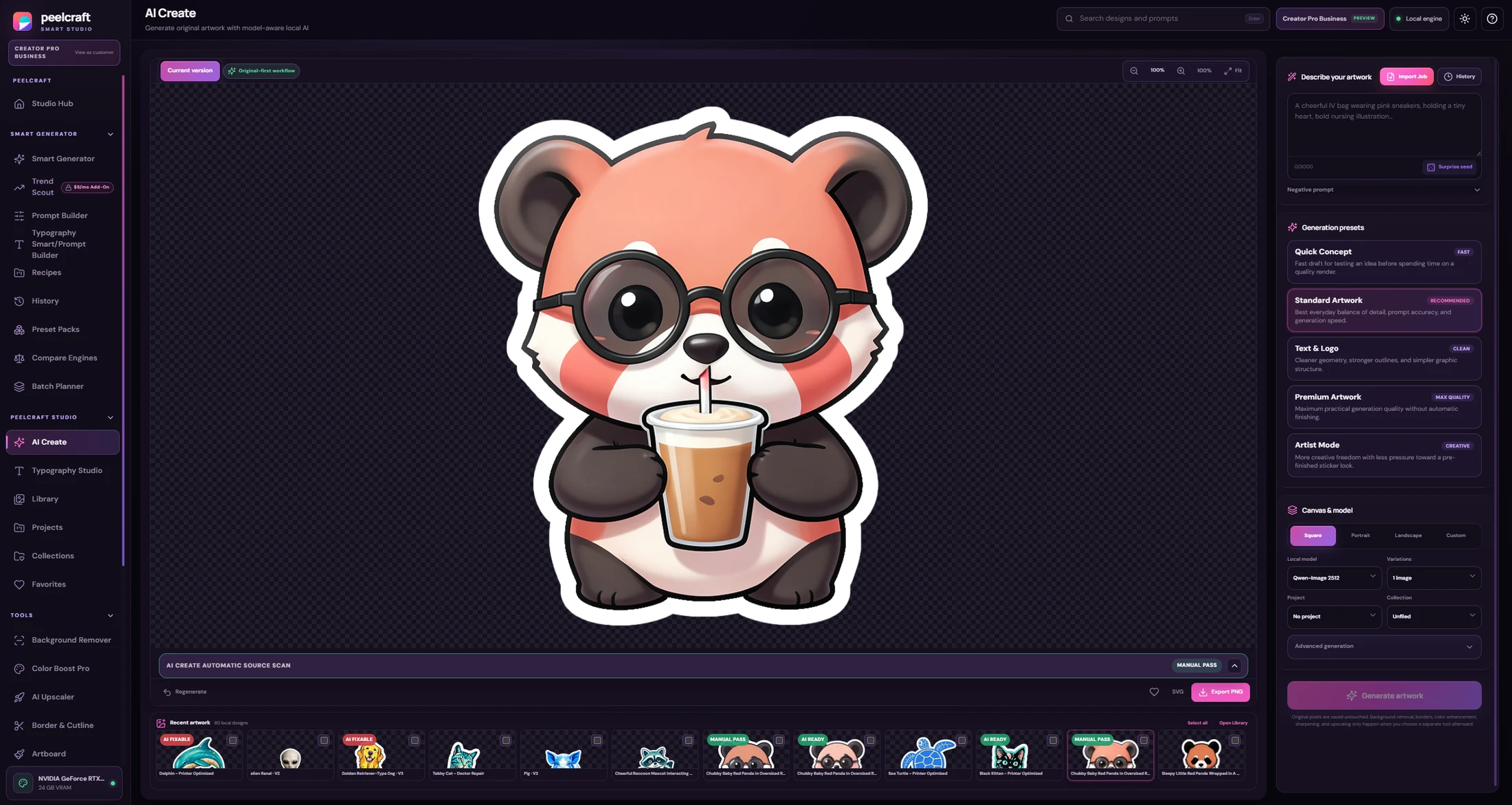 Current PeelCraft AI Create workspace showing a finished red panda sticker, generation controls, local model selection, export actions, and the full Recent Artwork tray.