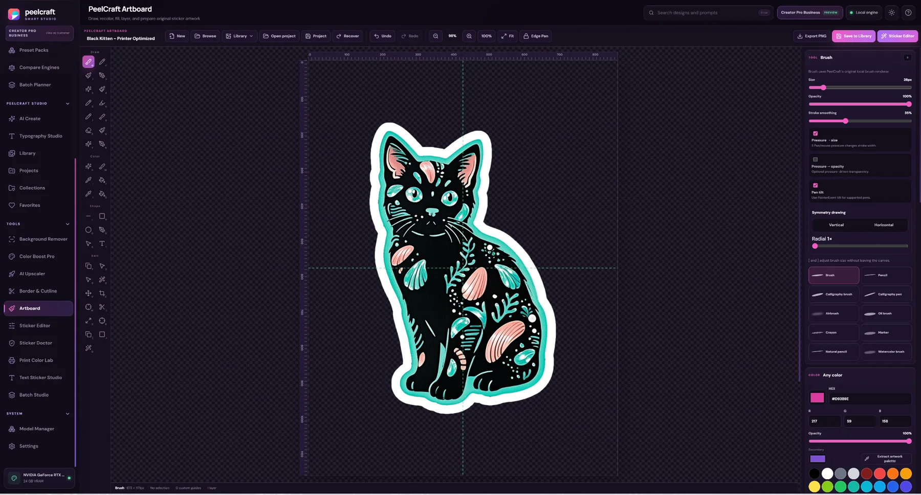 Current PeelCraft Artboard workspace showing a black cat sticker on a transparent canvas, drawing tools, brush controls, symmetry settings, color controls, zoom navigation, edge pan, and export actions.