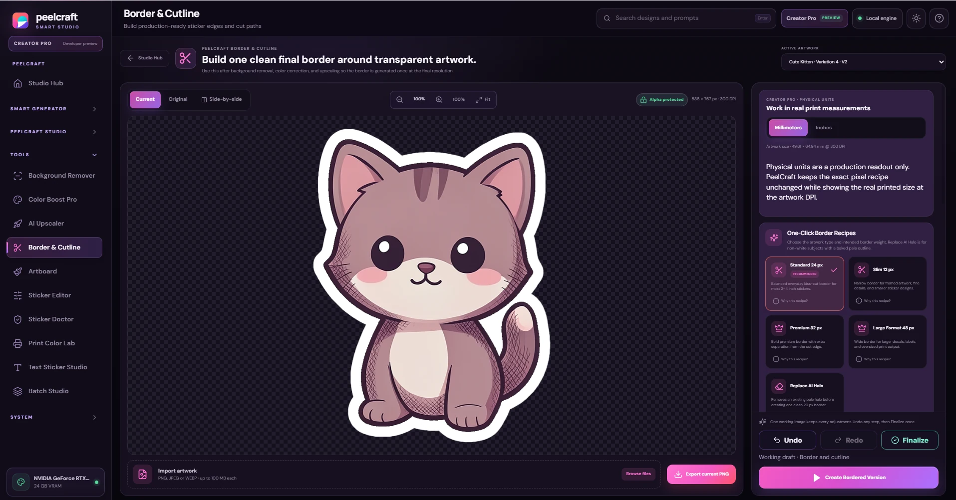 Current PeelCraft Border and Cutline workspace showing a bordered cat sticker and production border recipes.