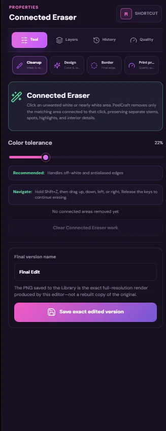 PeelCraft Connected Eraser controls with adjustable color tolerance and exact edited-version saving