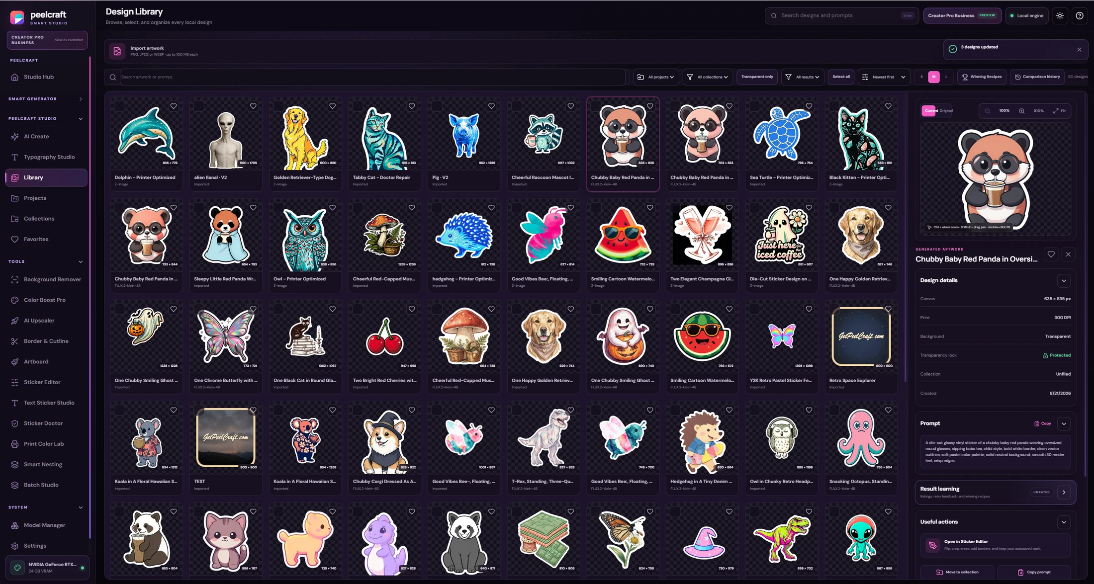 Current PeelCraft Design Library showing organized sticker thumbnails, search, filters, selected artwork, and design details.