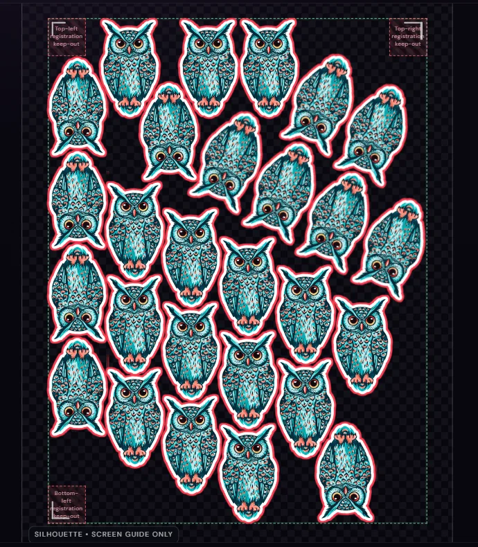 PeelCraft Mission Control sheet showing teal owl stickers arranged inside a Silhouette screen-guide safe area with registration keep-out zones.