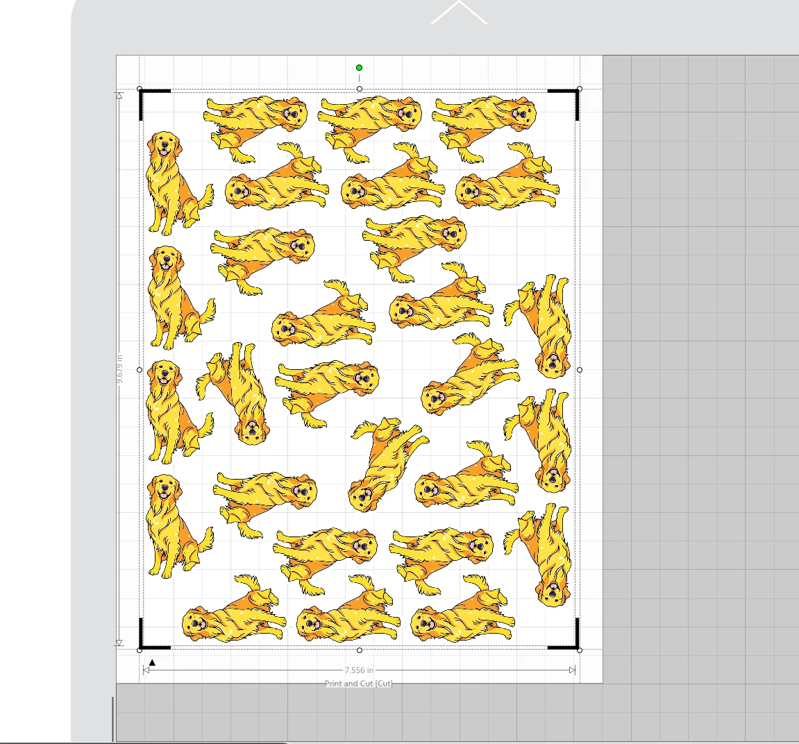 Siser Studio Print and Cut canvas showing the PeelCraft golden-retriever sheet inside Siser registration marks after import.