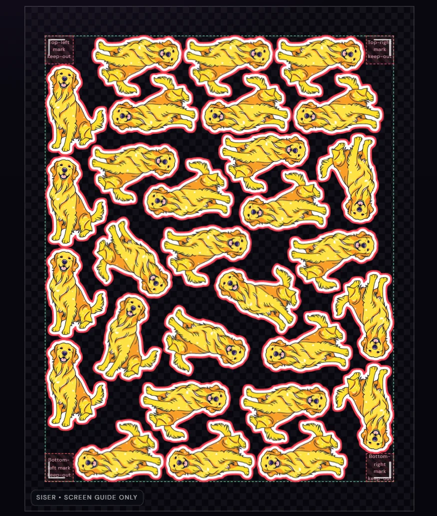 PeelCraft Mission Control sheet showing twenty-nine golden retriever stickers tightly arranged inside a Siser screen-reference safe area.