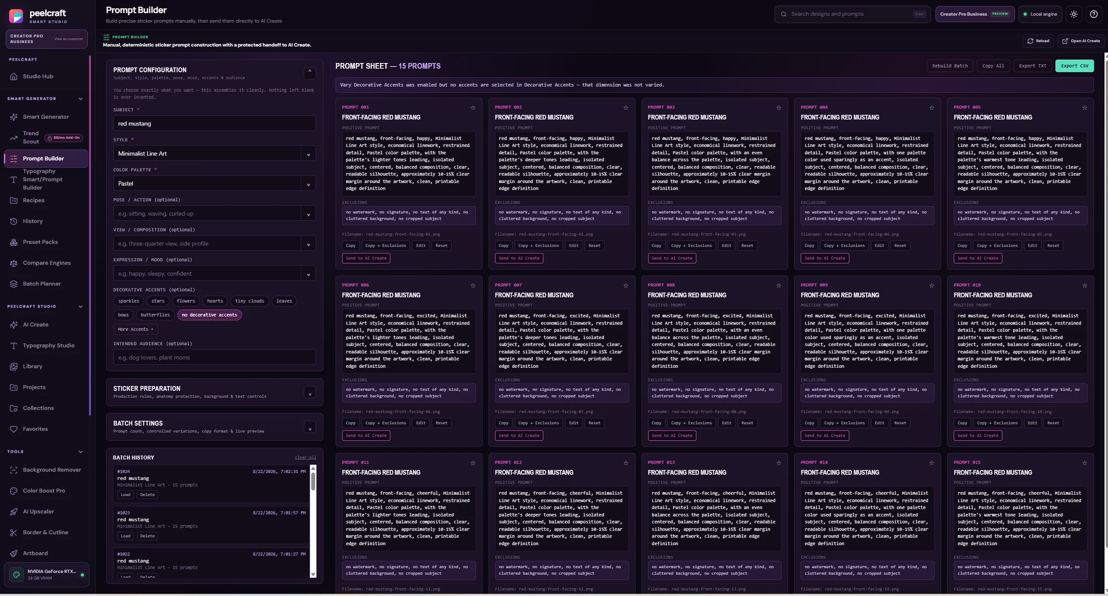 Current PeelCraft Prompt Builder workspace showing a 15-prompt batch sheet, manual configuration controls, exclusions, export actions, and direct Send to AI Create buttons.