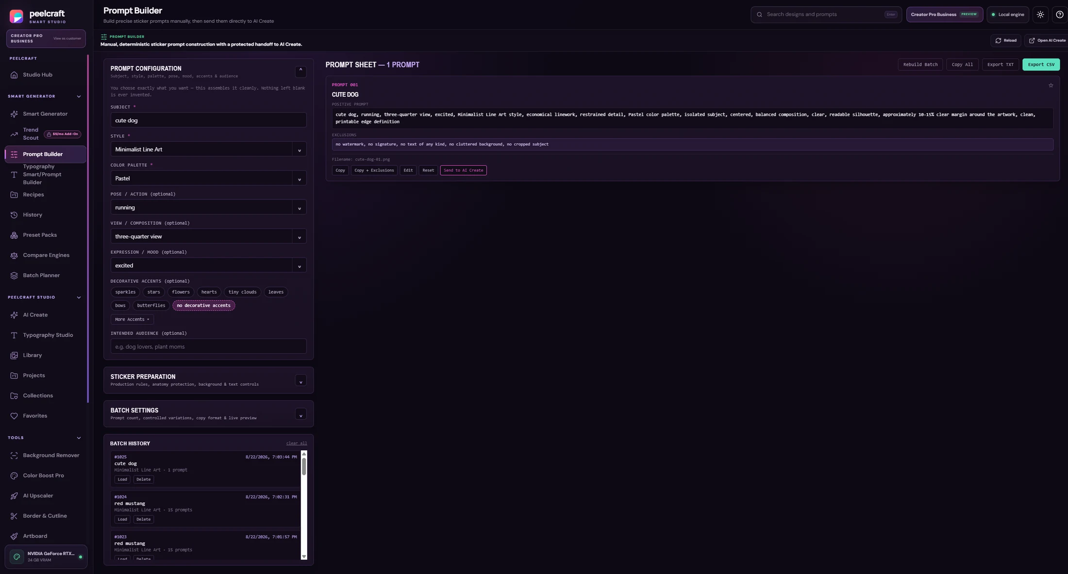 Current PeelCraft Prompt Builder showing one manual cute-dog prompt with style, palette, pose, view, mood, accents, exclusions, and Send to AI Create.