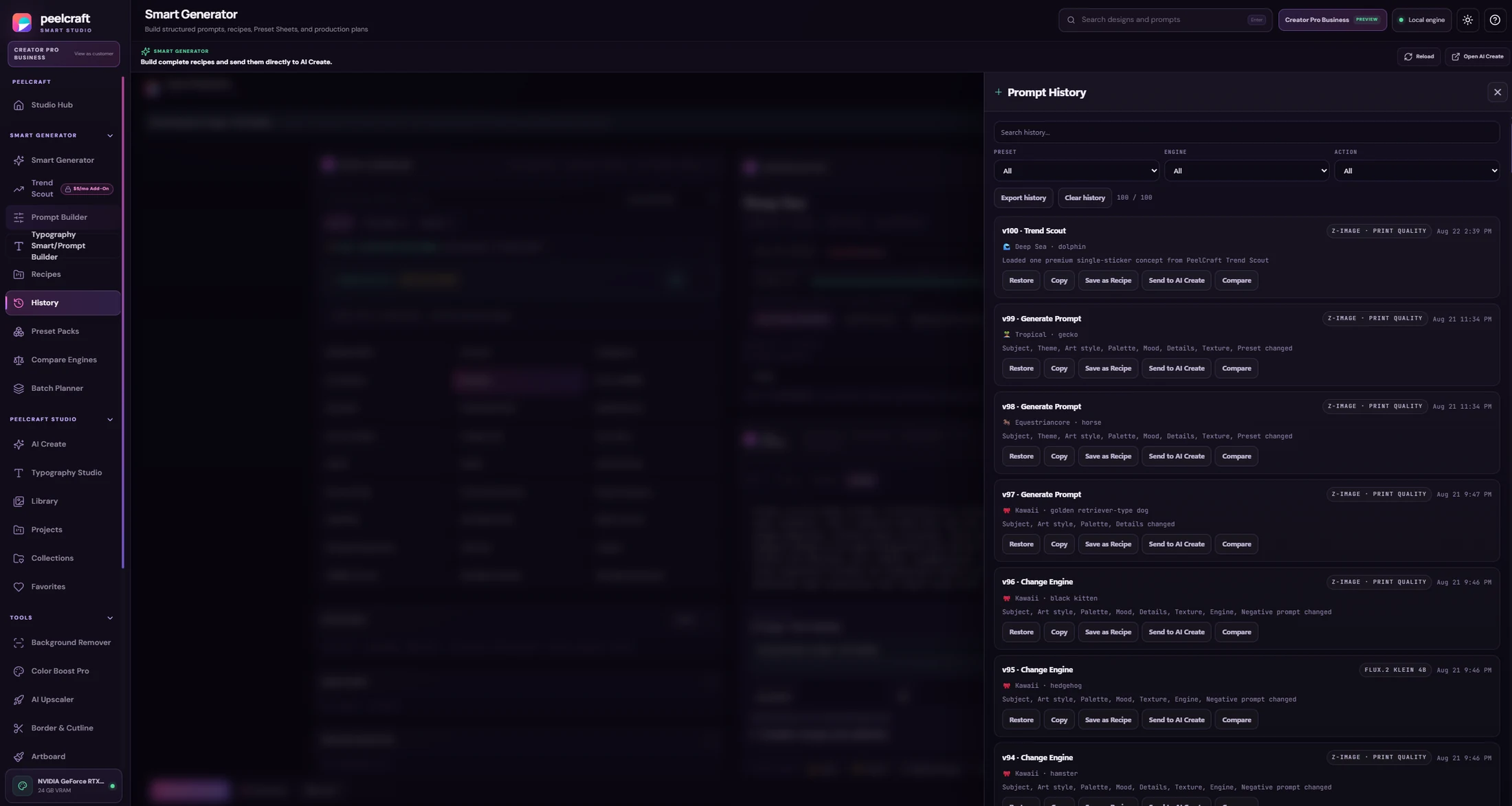 Current PeelCraft Prompt History panel showing stored prompt versions, engines, actions, restore, save as recipe, Send to AI Create, and compare controls.