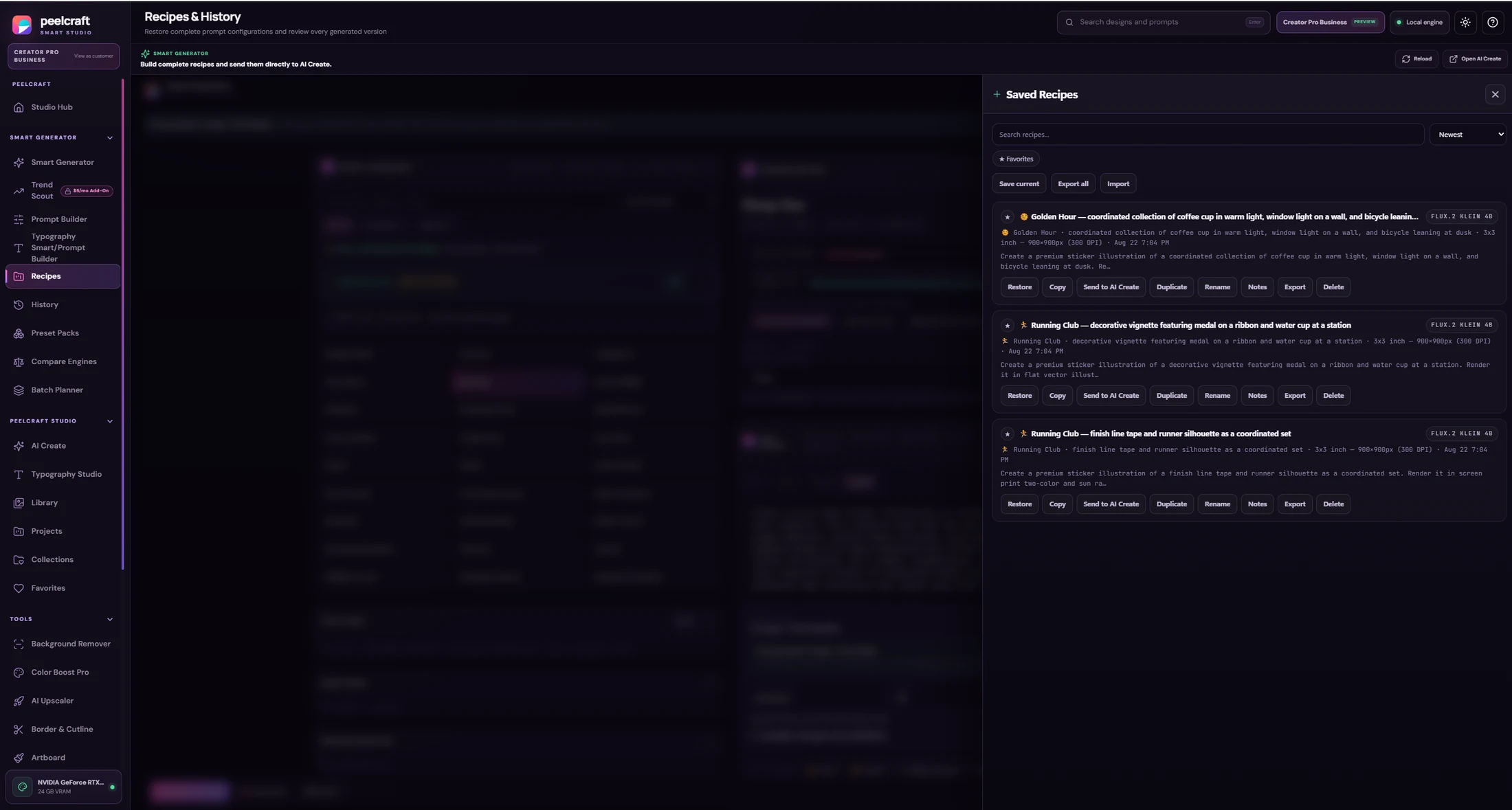 Current PeelCraft Recipes and History workspace showing saved recipes and restore, copy, Send to AI Create, duplicate, rename, notes, export, and delete actions.