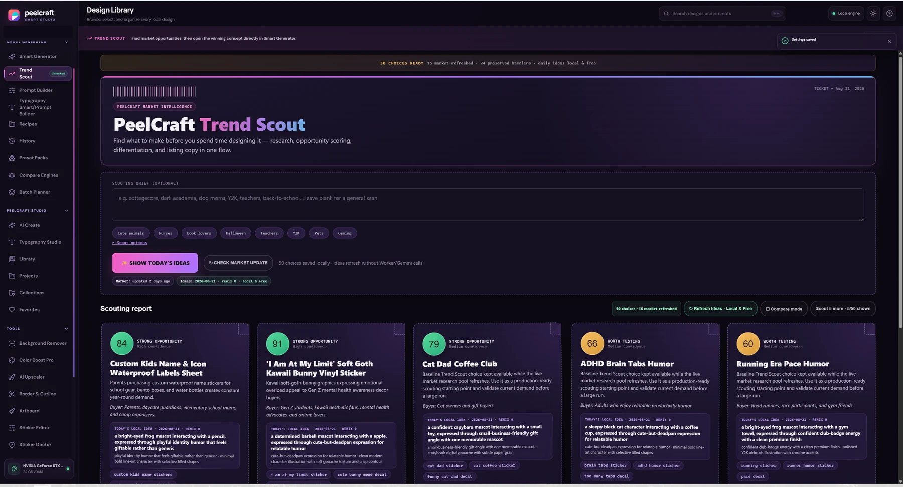 Current PeelCraft Trend Scout workspace showing market scouting controls, opportunity scores, concept cards, buyer notes, and generation-ready idea details.