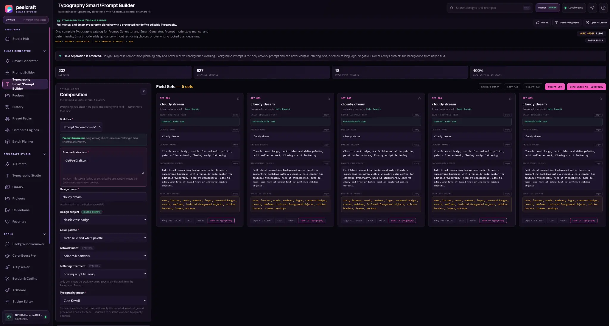 Current PeelCraft Typography Smart and Prompt Builder workspace showing manual composition controls, exact editable text, and five typography field sets.
