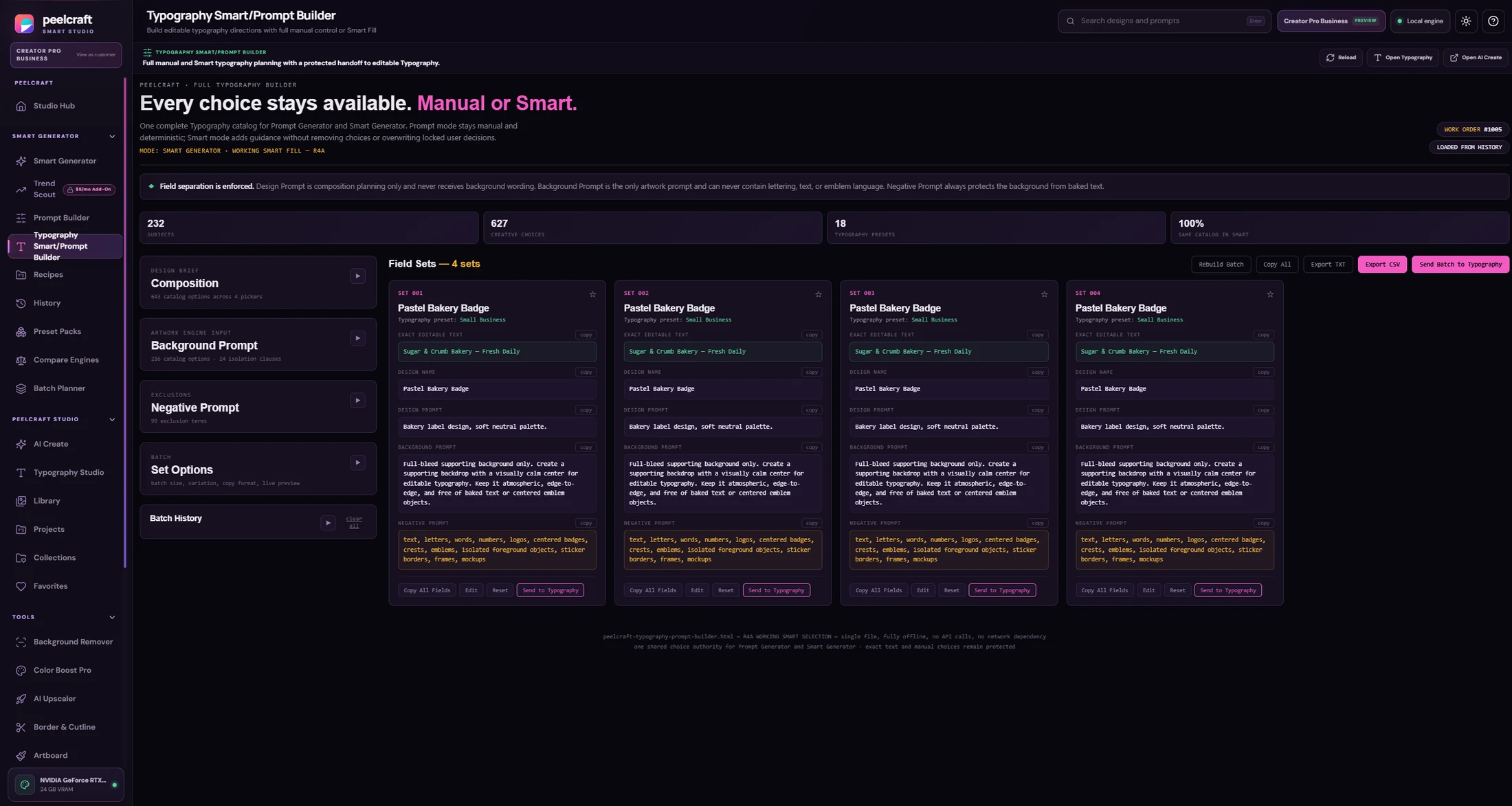 Current PeelCraft Typography Smart and Prompt Builder workspace showing Smart Fill mode, protected editable text, structured field sets, and direct Typography handoff.