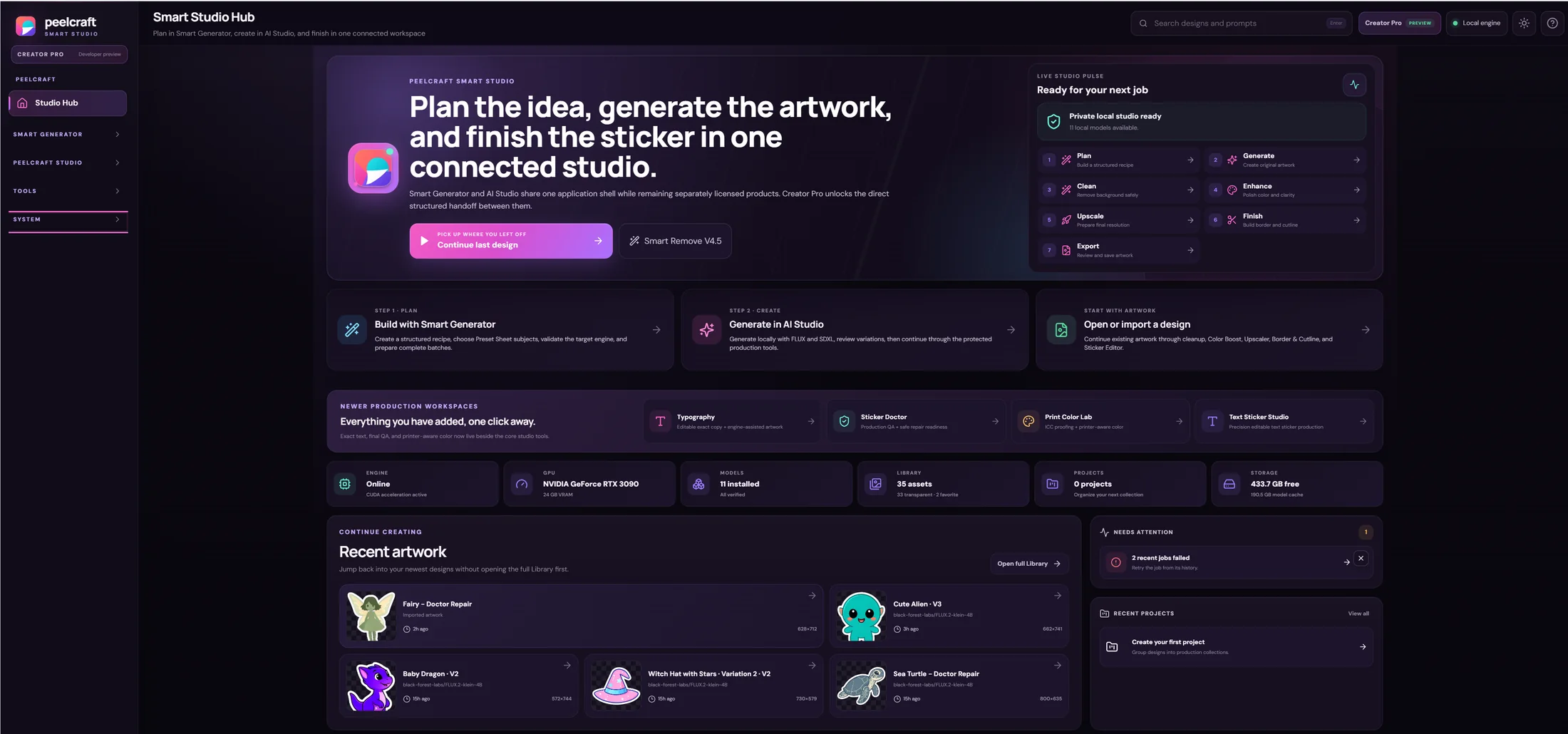 Current PeelCraft Smart Studio Hub showing the connected plan, generate, clean, enhance, upscale, finish, export, library, and production-workspace experience.