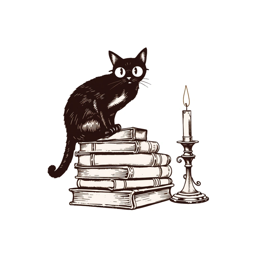 Black cat perched on a stack of books beside a candle as sticker artwork