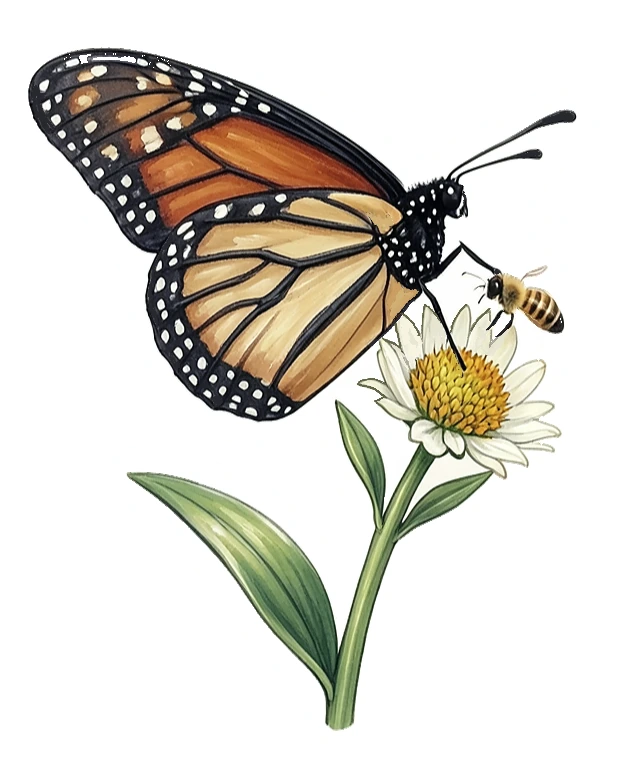 Monarch butterfly on milkweed rendered as detailed sticker artwork