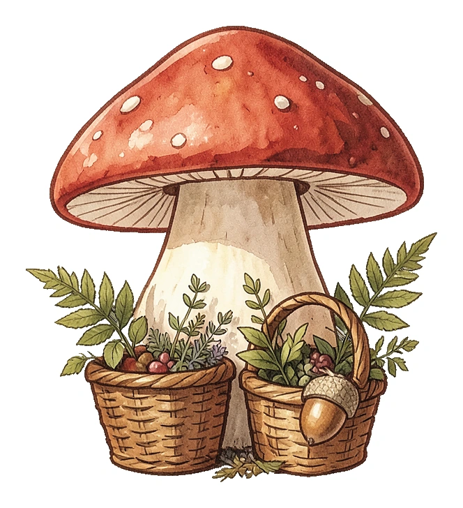 Cheerful red-capped mushroom forager sticker with tiny wicker baskets