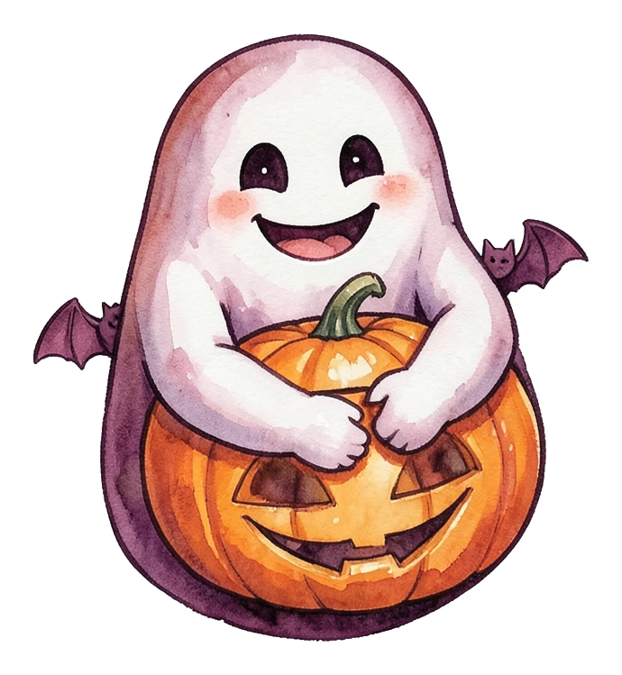 Chubby smiling ghost hugging a pumpkin candy bucket as sticker artwork