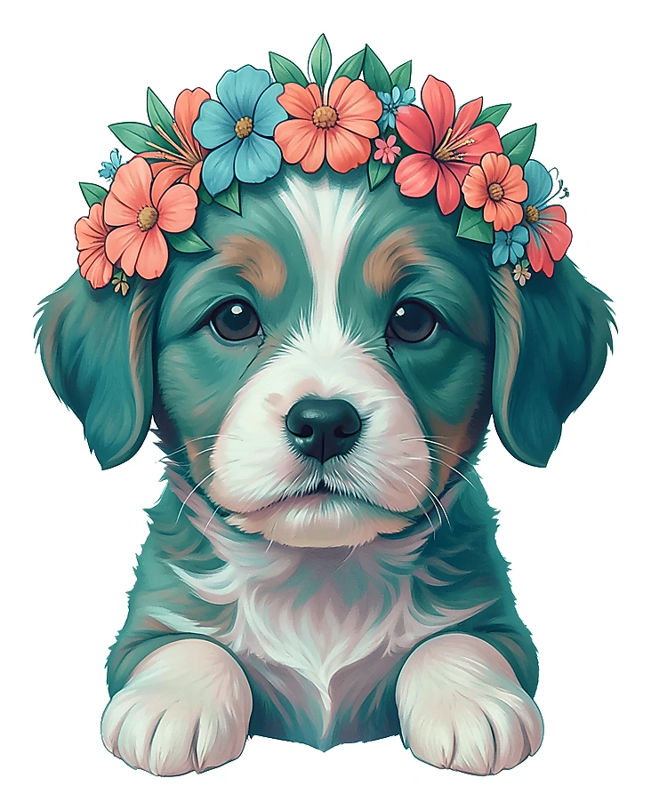 Puppy sticker wearing a colorful flower crown