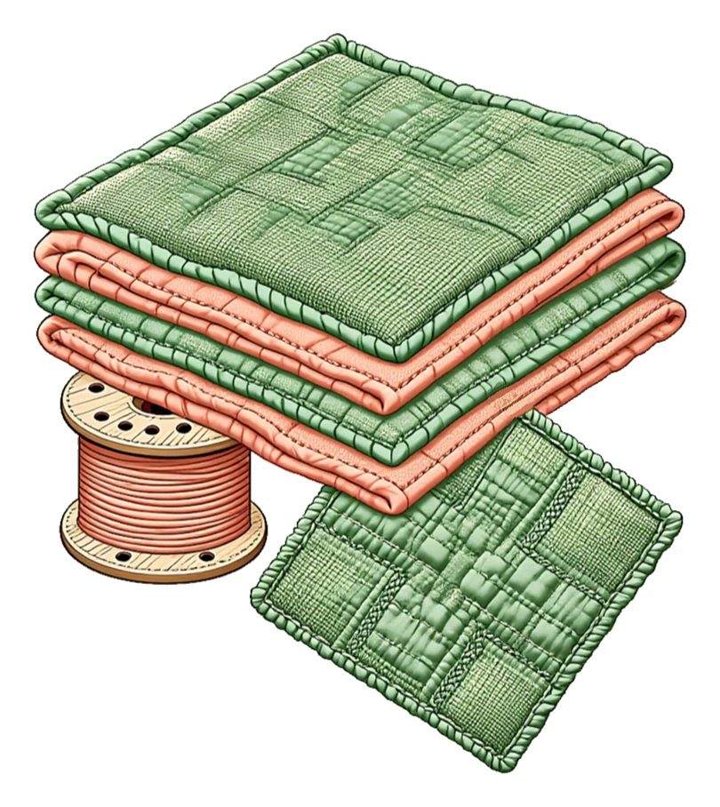 Folded quilt stack with thread spool and patchwork fabric