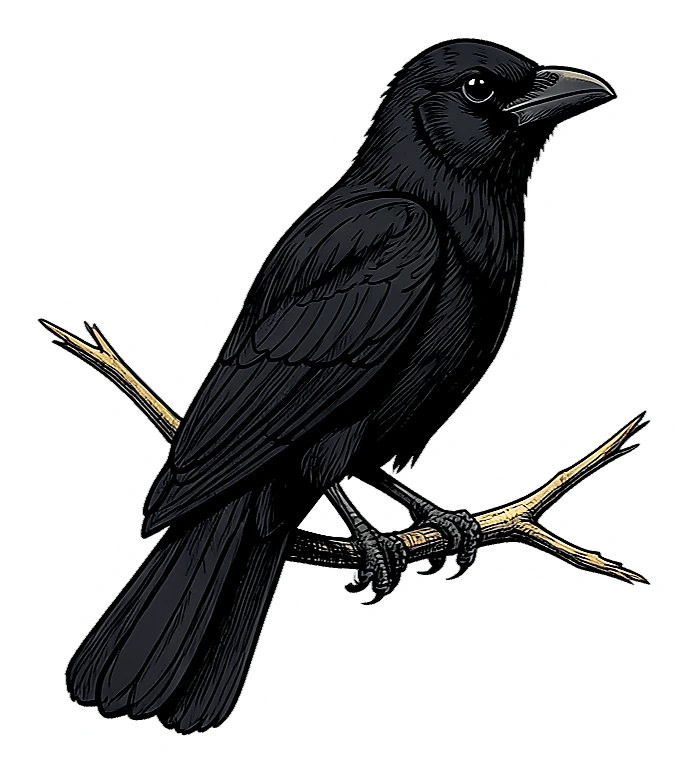 Black raven perched on a branch as sticker artwork