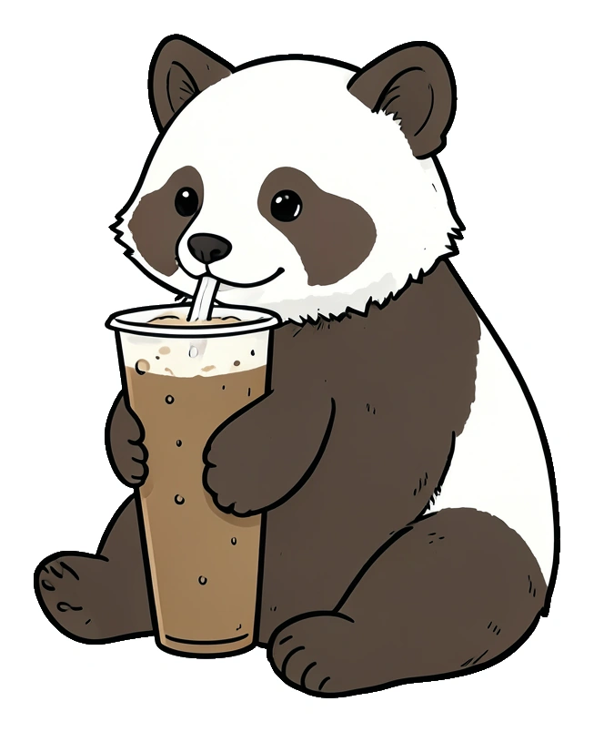 Peaceful hand-drawn red panda sitting and drinking boba as sticker artwork