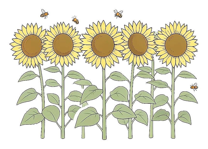 Row of blooming sunflowers prepared as sticker artwork