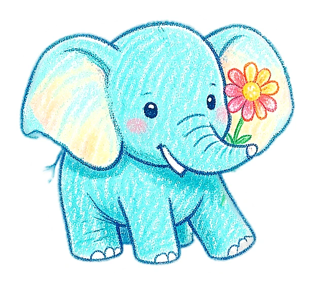 Tiny blue elephant sticker holding a flower