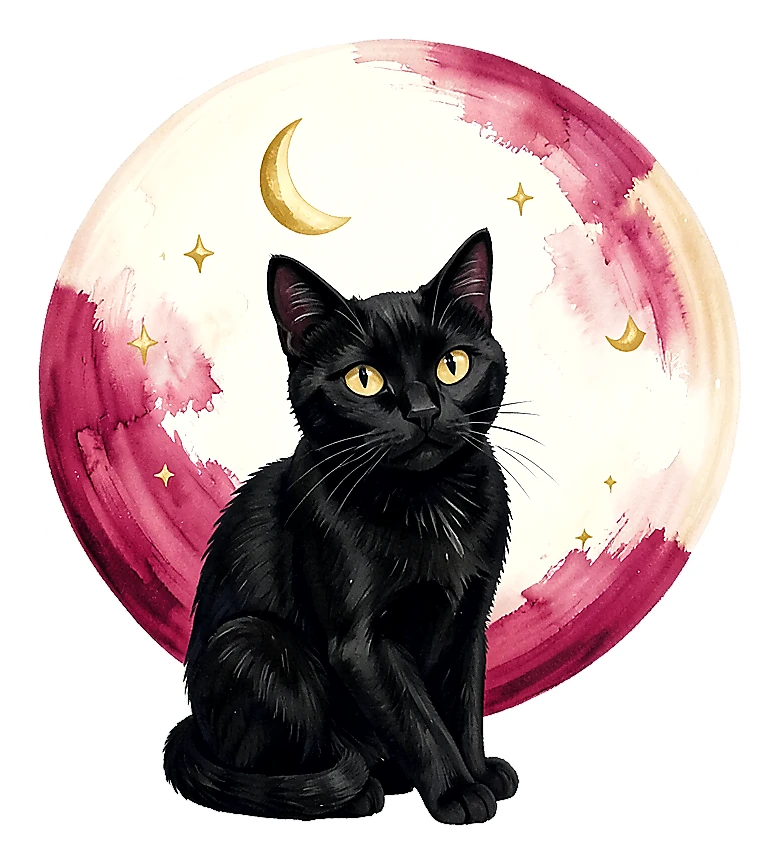 Black cat beneath a moon rendered as sticker artwork