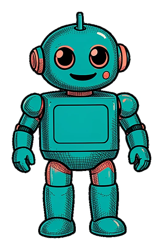 Friendly teal robot sticker with coral accents and a clean border