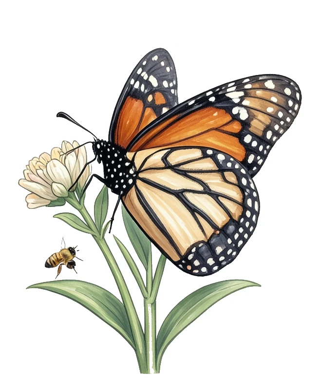 Monarch butterfly on milkweed rendered as detailed sticker artwork