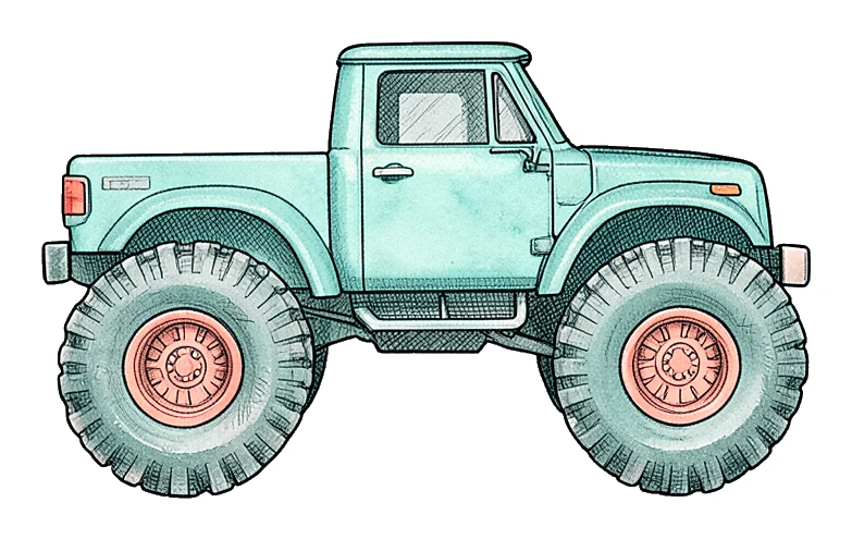Colorful monster truck rendered as sticker artwork