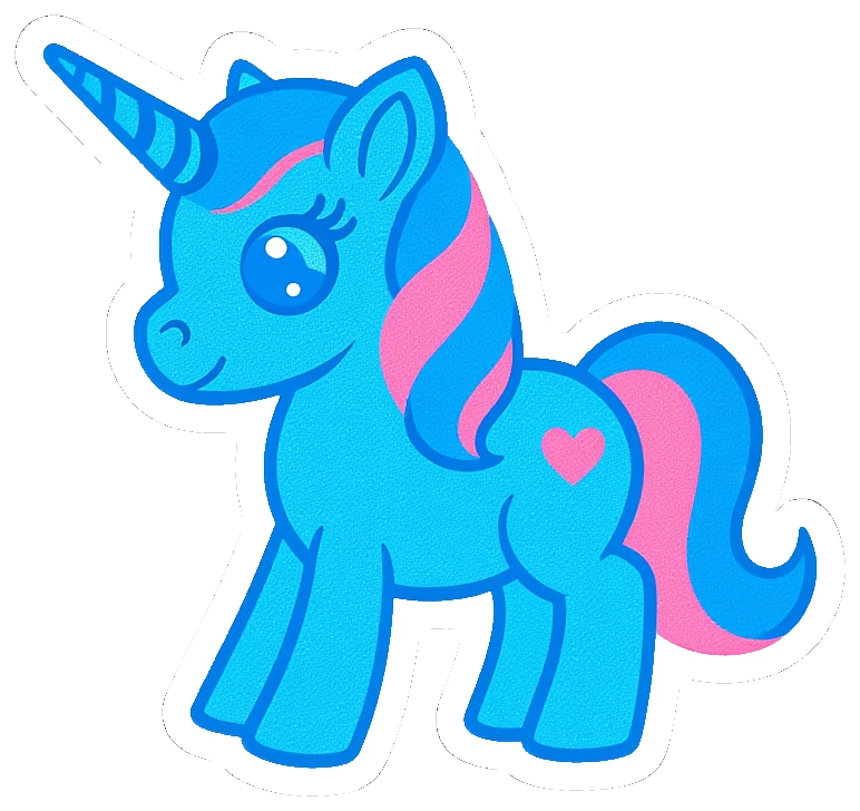 Bright blue and pink unicorn sticker with a clean white border